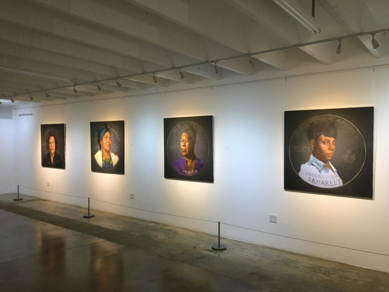 Mothers who lost their children to police brutality painted as currency. Left to right: "Iris Baez", "Hawa Bah", "Sybrina Fulton", and "Constance Malcolm" by Sylvia Maier.