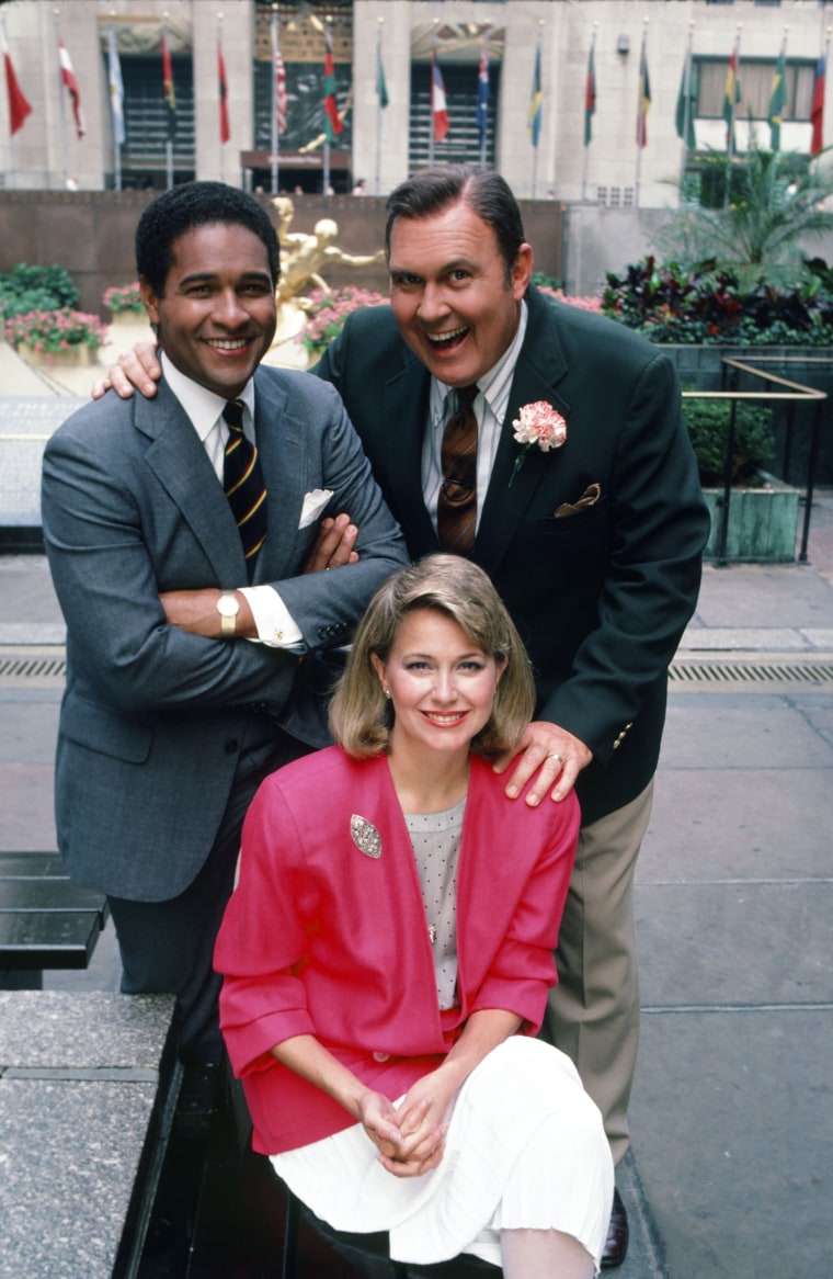 Bryant Gumbel, Jane Pauley and Willard Scott on Rockefeller Plaza.