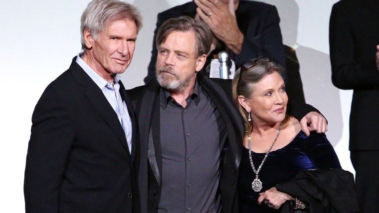 The gang's all here! Harrison Ford, Mark Hamill and Carrie Fisher on the red carpet.