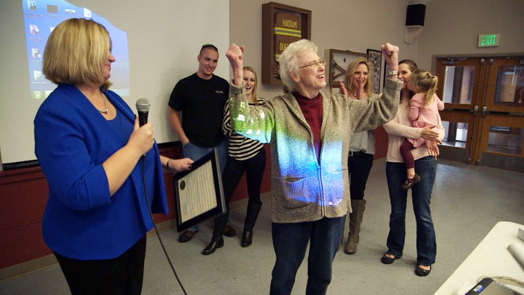 Brutzman celebrates at her recent surprise retirement party.