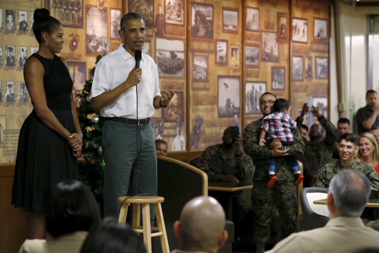 Image: Obama delivers remarks at a Christmas reception with service members at Marine Corps Base Hawaii in Kaneohe Bay, Hawaii