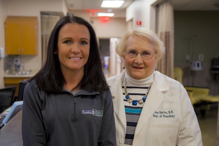 Lynn Bartos, right, has been a nurse for 44 years and still works two days a week in the neurology clinic at Froedtert and the Medical College of Wisconsin. Nichole Krahn has been a nurse in the Infusion Clinic at Froedtert Hospital for 2 years.