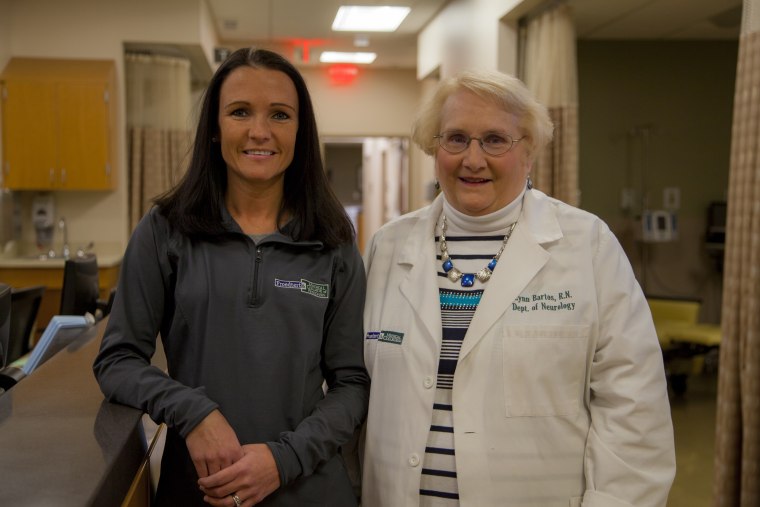 Nichole Krahn, left, and Lynn Bartos today. Both are amazed by their chance reunion.