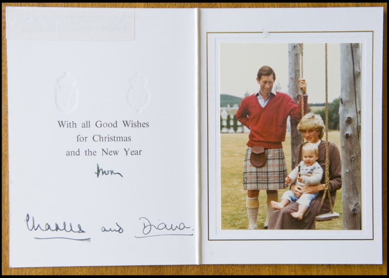 BNPS.co.uk (01202 558833)
Pic: Phil Yeomans/BNPS
Happy couple with William - Xmas 1983.
A poignant collection of Royal Xmas cards sent to a member of staff and signed by Charles and Diana is coming up for auction.
The cards show the Xmas portraits from the earliest days of the marriage in 1982 and catologue the birth of William and Harry in the following years.
The happy smiling cards give no hint to the bitterness and tragedy that would engulf the couple in later years.