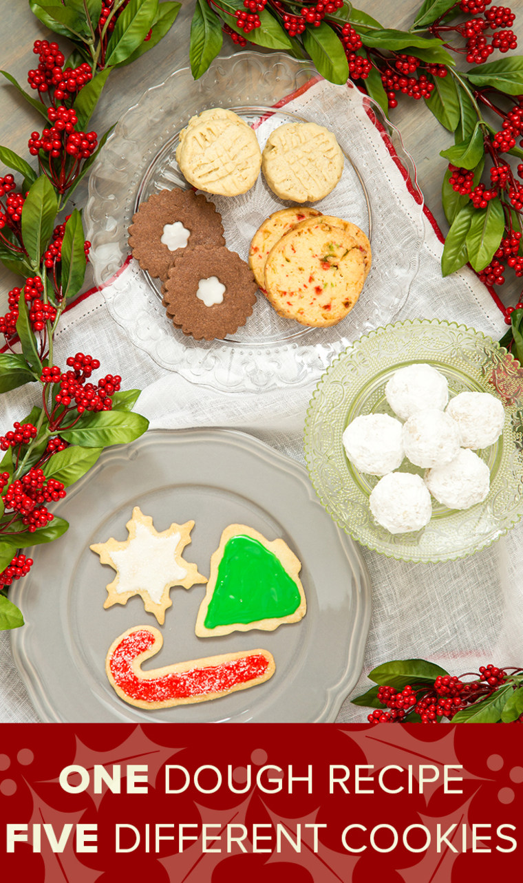 One dough recipe makes five different holiday cookies!