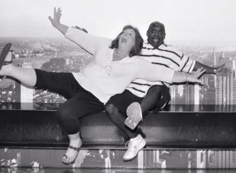 Jenn Mendez and Lane Stowe clown for the camera in Rockefeller Center.