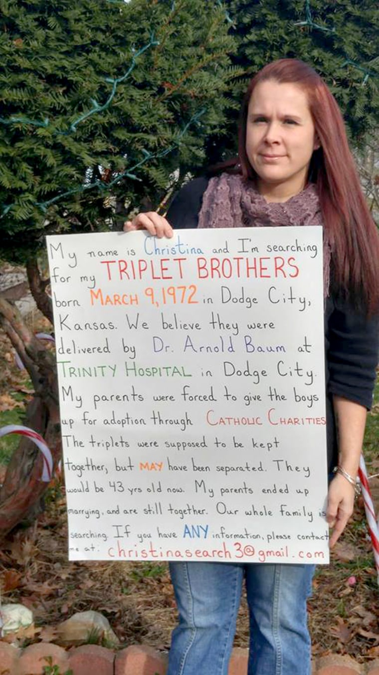 Christina Wilcox is using social media to look for her triplet brothers, who were adopted at birth.