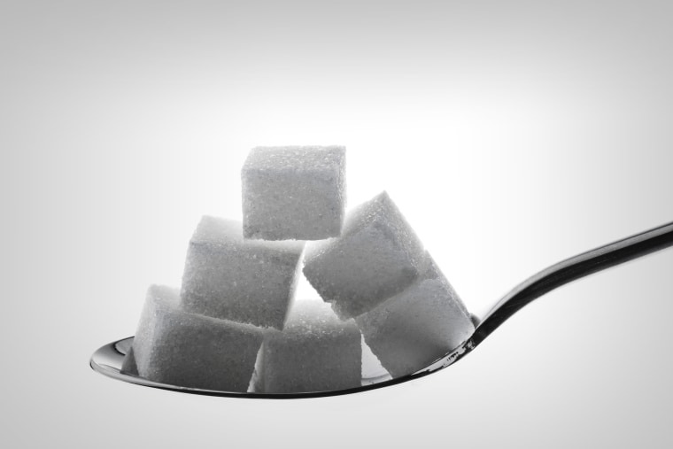 Spoon with Refined Sugar Cubes Linear Icon. Lump Sugar with