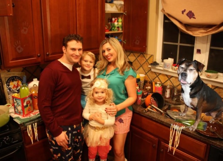 Amanda Mushro with family in messy kitchen