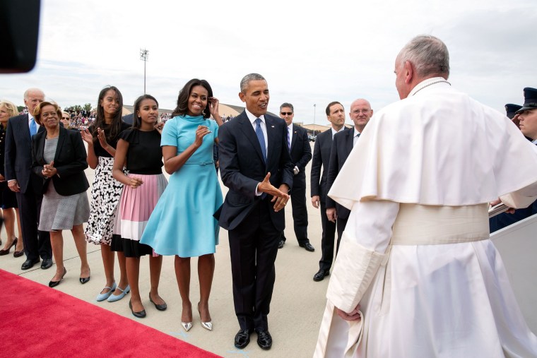 Pope Francis greets Barack Obama, Michelle Obama and Joe Biden