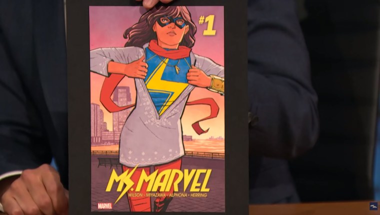 The cover of Ms. Marvel #1 featuring Kamala Khan. Khan is the first Muslim-American superhero to be featured in their own dedicated comic book series.