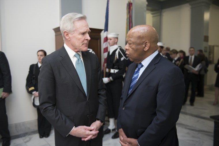 WASHINGTON (Jan. 6, 2016) Secretary of the Navy (SECNAV) Ray Mabus speaks with John Lewis, a civil rights movement hero and current U.S. representative of Georgia's 5th congressional district, before the ship-naming ceremony for the future fleet replenishment oiler USNS John Lewis (T-AO 205). USNS John Lewis will be the first ship of the Navy's newest generation of fleet replenishment oilers. (U.S. Navy photo by Mass Communication Specialist 2nd Class Armando Gonzales/Released)