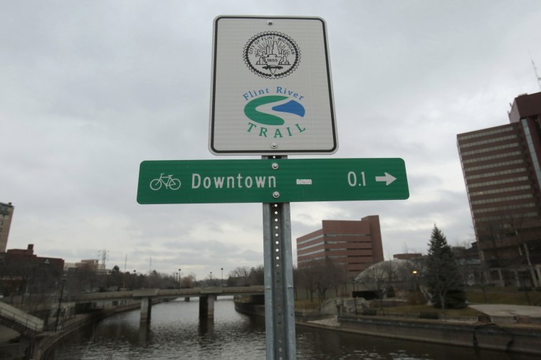 Image: A Flint River sign is seen along the Flint river in Flint, Michigan