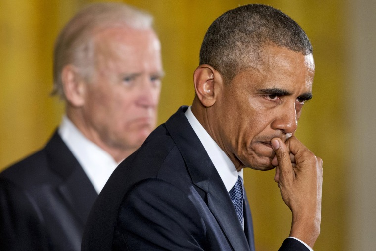 Image: An emotional President Barack Obama, joined by Vice President Joe Biden, pauses as he recalled the 20 first-graders killed in 2012