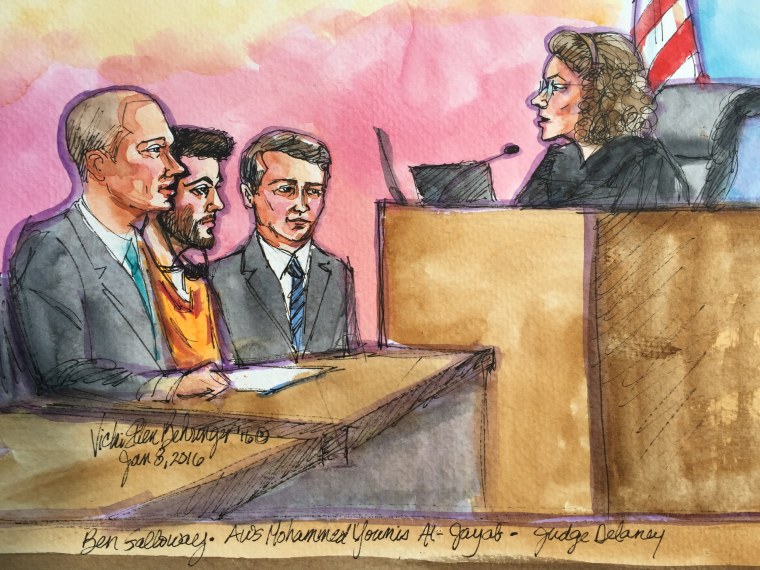 Aws Mohammed Younis al-Jayab appears with his legal team before U.S. Magistrate Carolyn Delaney in federal court in Sacramento, Calif., on Jan. 8, 2016, in this courtrom sketch.