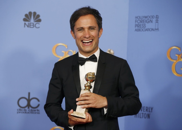 Image: Actor Gael Garcia Bernal poses backstage with the award for Best Performance by an Actor in a Television Series - Musical or Comedy for his role in "Mozart in the Jungle" at the 73rd Golden Globe Awards in Beverly Hills