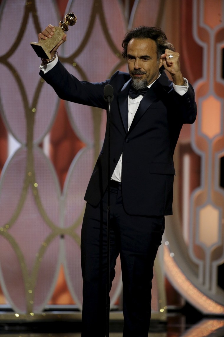 Image: Inarritu reacts after winning the Best Director - Motion Picture for "The Revenant", at the 73rd Golden Globe Awards in Beverly Hills