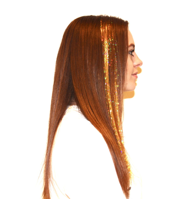 Add glitter clip-in extensions to create icicle hair.