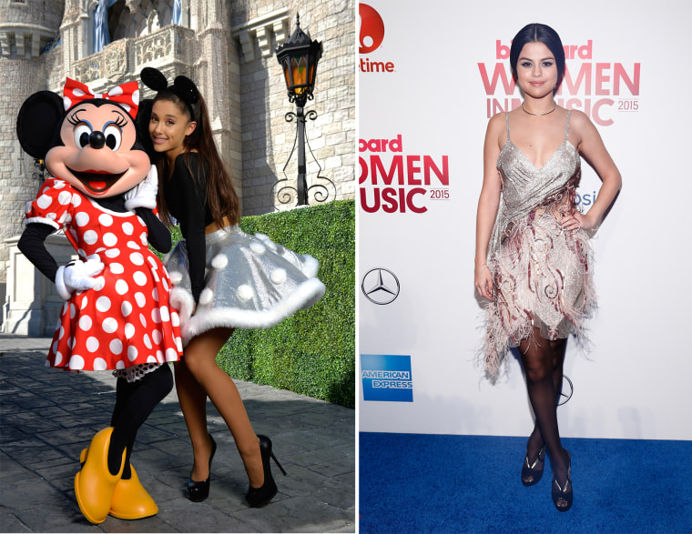 Ariana Grande (left) and Selena Gomez (right) show off darker-hued hose.