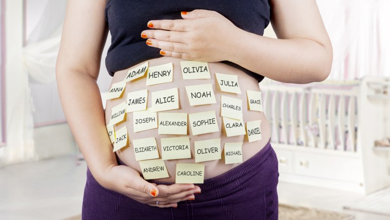 Pregnant belly with names on it