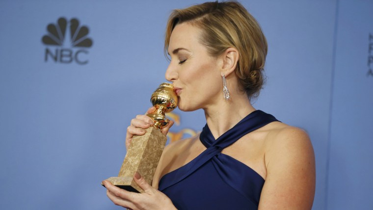 Image: Actress Kate Winslet poses with her award for Best Performance by an Actress in a Supporting Role in any Motion Picture for her role in "Steve Jobs" at the 73rd Golden Globe Awards in Beverly Hills