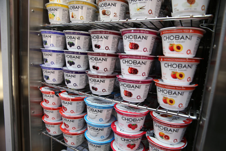 Image: A fridge stocked full with Chobani Greek Yogurt.
