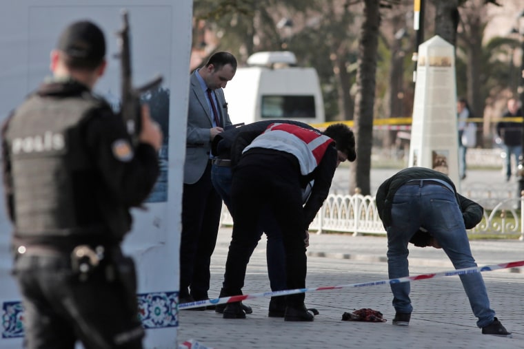 Image: Police search the area at the historic Sultanahmet district