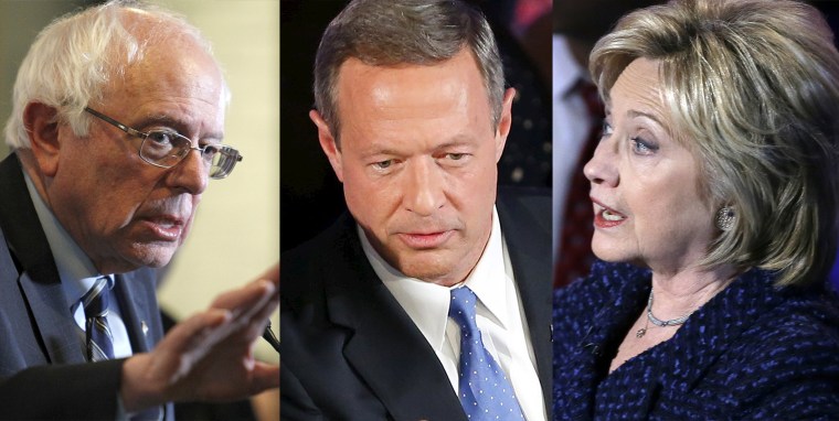 Image: Democratic presidential candidates Bernie Sanders,  Martin O'Malley and Hillary Clinton.