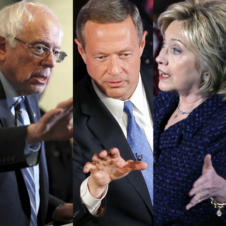 Image: Democratic presidential candidates Bernie Sanders, Martin O'Malley and Hillary Clinton.