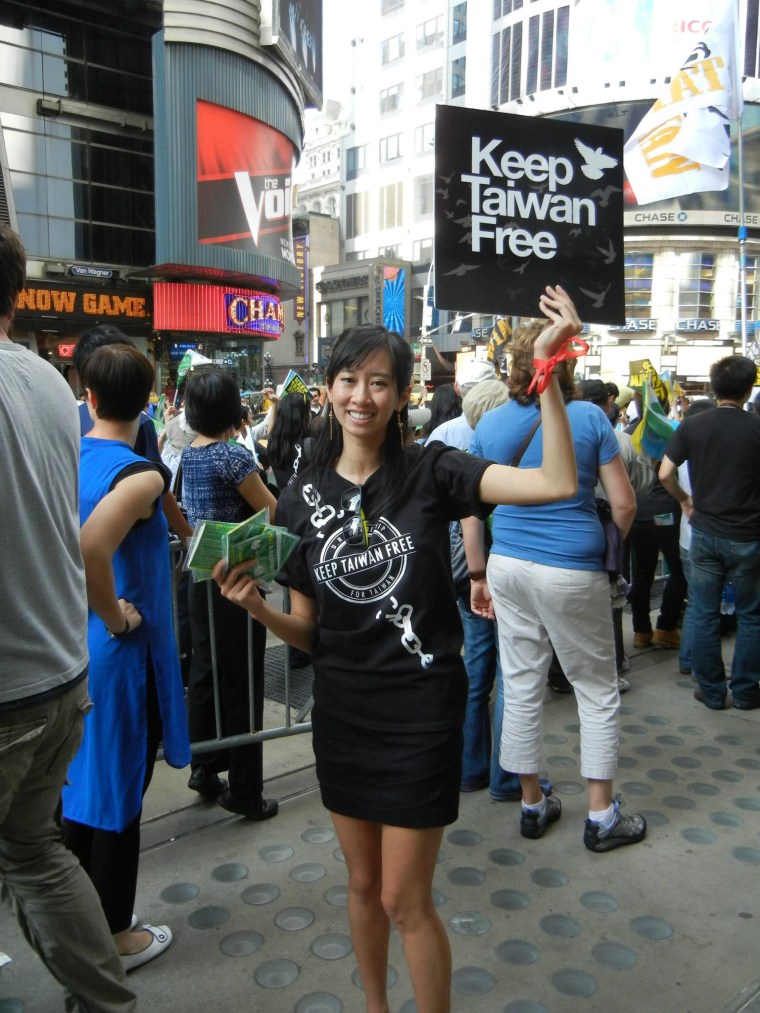 In this September 2012 photo, 26-year-old Kelly Lan participates in the annual Keep Taiwan Free Rally, which she helps organizes, in Times Square in New York City. Lan will travel to Taiwan this January to cast her vote in the country's presidential election.