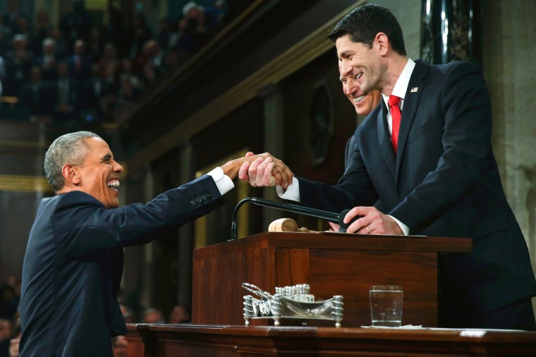 Image: U.S. President Obama s welcomed by House Speaker Ryan prior to delivering final State of the Union address to a joint session of Congress in Washington