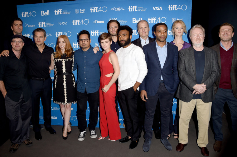 Writer Andy Weir, screenwriter Drew Goddard, actors Matt Damon, Jessica Chastain, Michael Pena, Kate Mara, Sebastian Stan, Donald Glover, Jeff Daniels, Chiwetel Ejiofor, Mackenzie Davis, director Ridley Scott and actor Sean Bean attend the 'The Martian' press conference at the 2015 Toronto International Film Festival at TIFF Bell Lightbox on September 11, 2015 in Toronto, Canada.