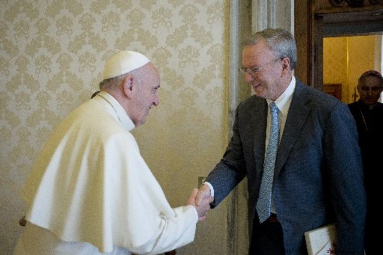 Image: Alphabet Chairman Eric Schmidt shakes hands with Pope Francis