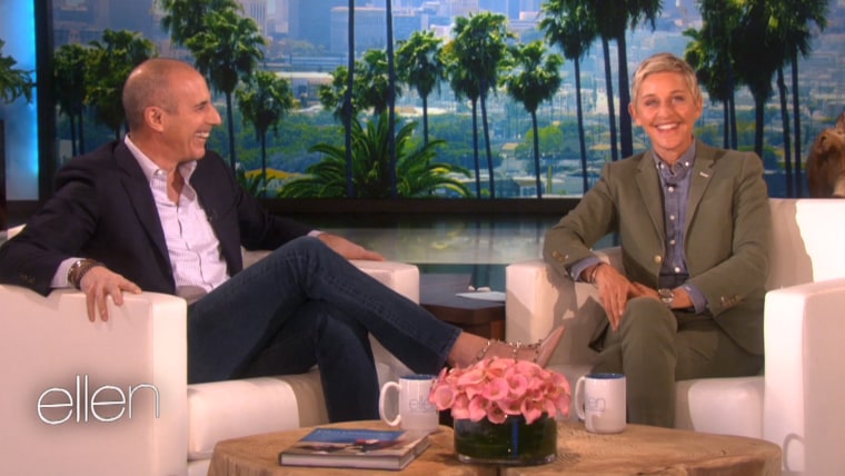 Matt Lauer wears high heels while speaking with Ellen DeGeneres.