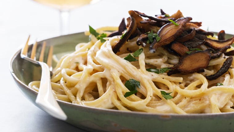 Pasta Carbonara with Shiitake Bacon