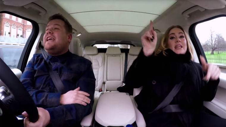 Adele sings with James Corden.