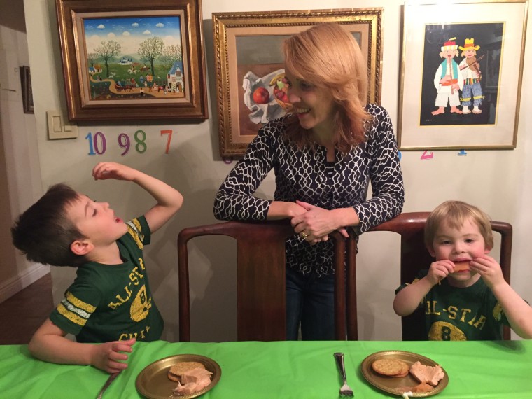 TODAY Parenting Editor Rebecca Dube with her two sons (and refrigerator raiders) Eli, 6, and Joseph, 2.