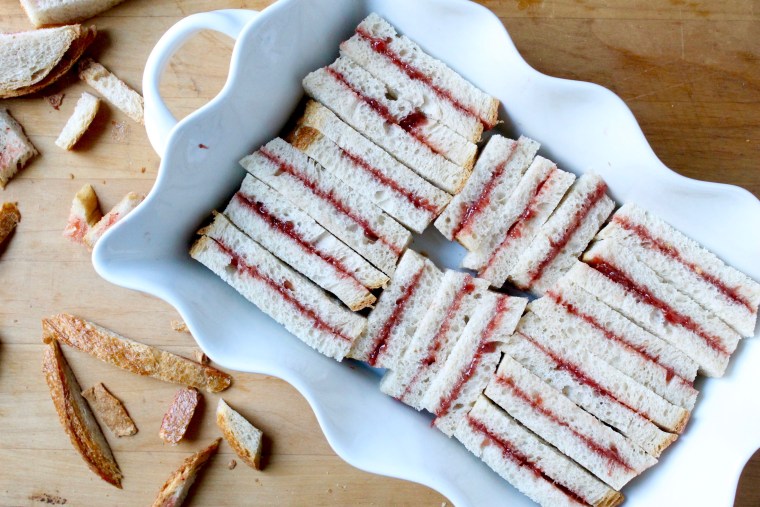 Stuffed French Toast Casserole: Arrange the strips, cut sides up in an 8–inch by 11–inch baking dish