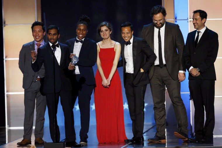 Image: Aziz Ansari accepts the award for Best Comedy Series during the 21st Annual Critics' Choice Awards in Santa Monica