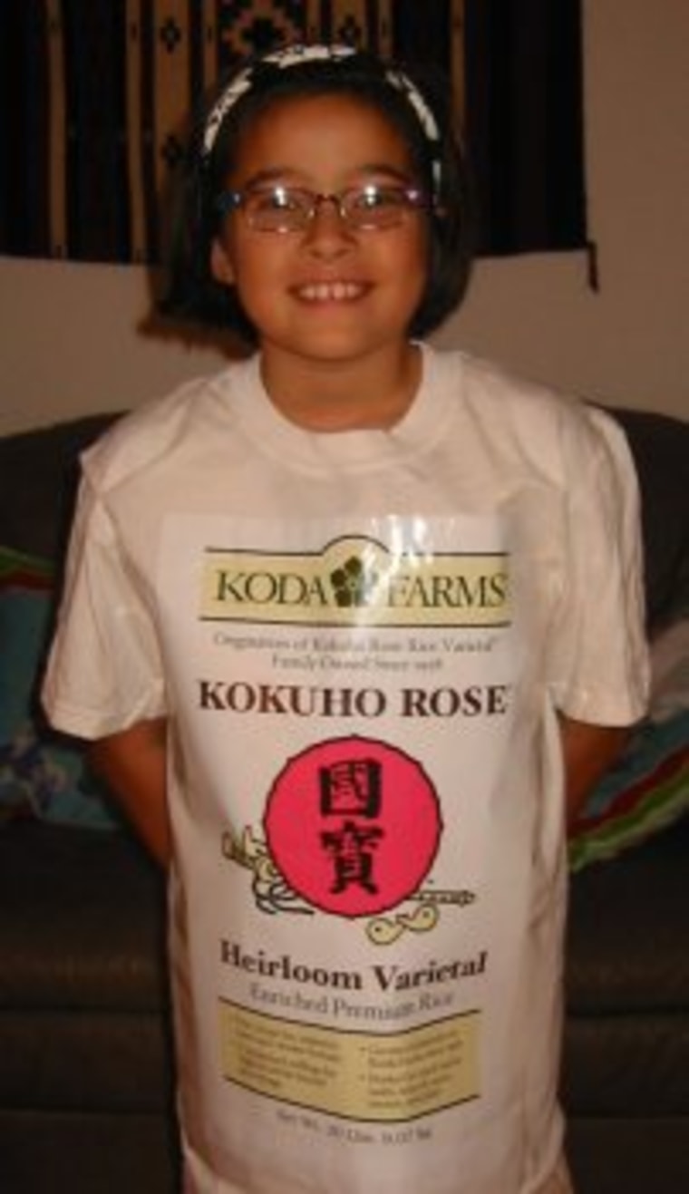Frances Kai-Hwa Wang’s daughter, Hao Hao, dressed up as a bag of Koda Farms Kokuho Rose rice for Halloween.