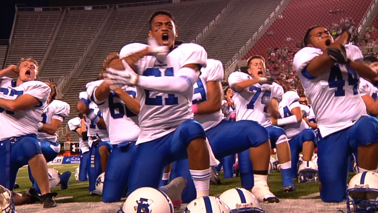 Harvey Langi leads his team in the haka, a traditional warrior dance