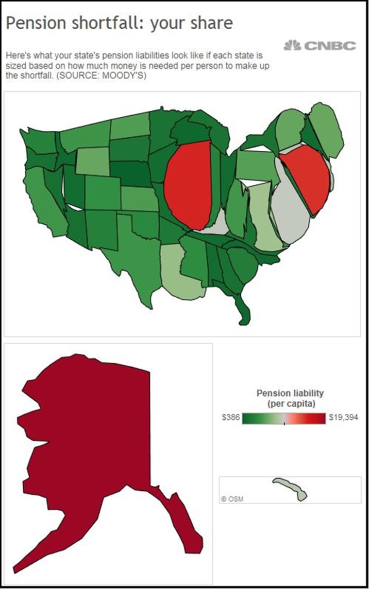 Map: States sized according to their pension liability instead of land area.