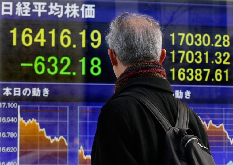 Image:  A pedestrian watches a display showing closing information of Tokyo's Nikkei Stock average