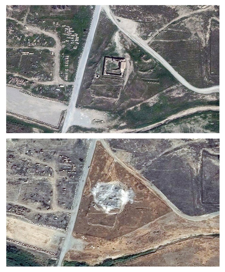 This combination of two satellite images provided by DigitalGlobe, taken on March 31, 2011, top, and Sept. 28, 2014, shows the site of the 1,400-year-old Christian monastery known as St. Elijah’s.