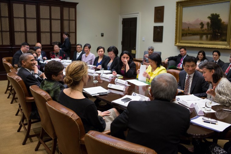 President Barack Obama meets with with a group of Asian American and Pacific Islander (AAPI) national leaders to discuss immigration reform, in the Roosevelt Room of the White House, May 8, 2013. (Official White House Photo by Pete Souza)