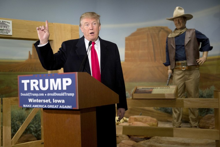 Image: Republican presidential candidate Donald Trump speaks at the John Wayne Birthplace Museum