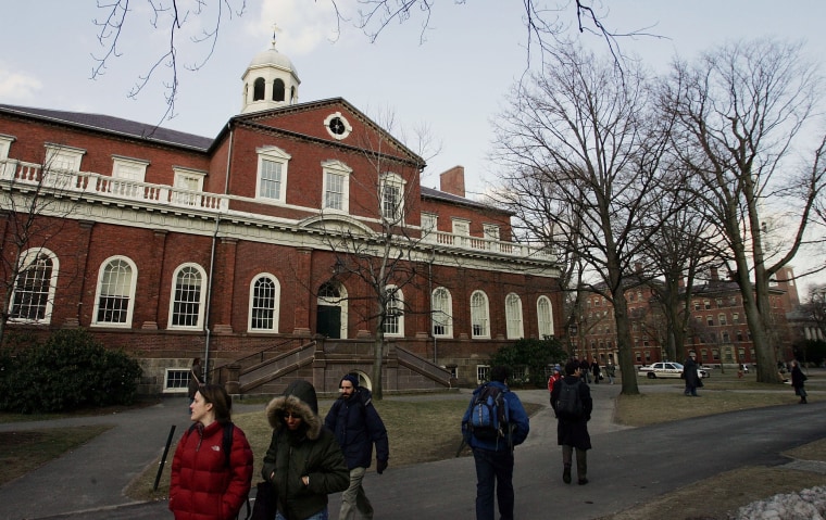 Harvard University students walk through the campus in February 2006 in Cambridge, Massachusetts.