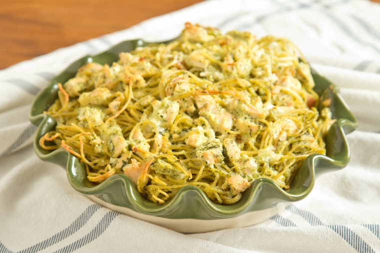 Chicken Pesto Spaghetti Pie: Let the pie cool for 10 minutes before slicing and serving