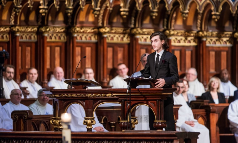 Rene-Charles Angelil, son of Celine Dion and Rene Agelil, speaks during the funeral of his father Rene Angelil at Notre-Dame Basilica on January 22, 2016 in Montreal, Canada.