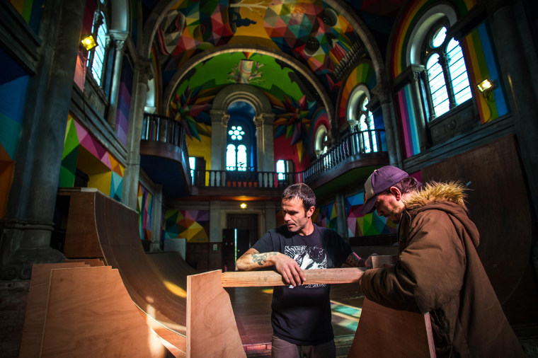 Image: Members of the collective The Church Brigade work on a ramp